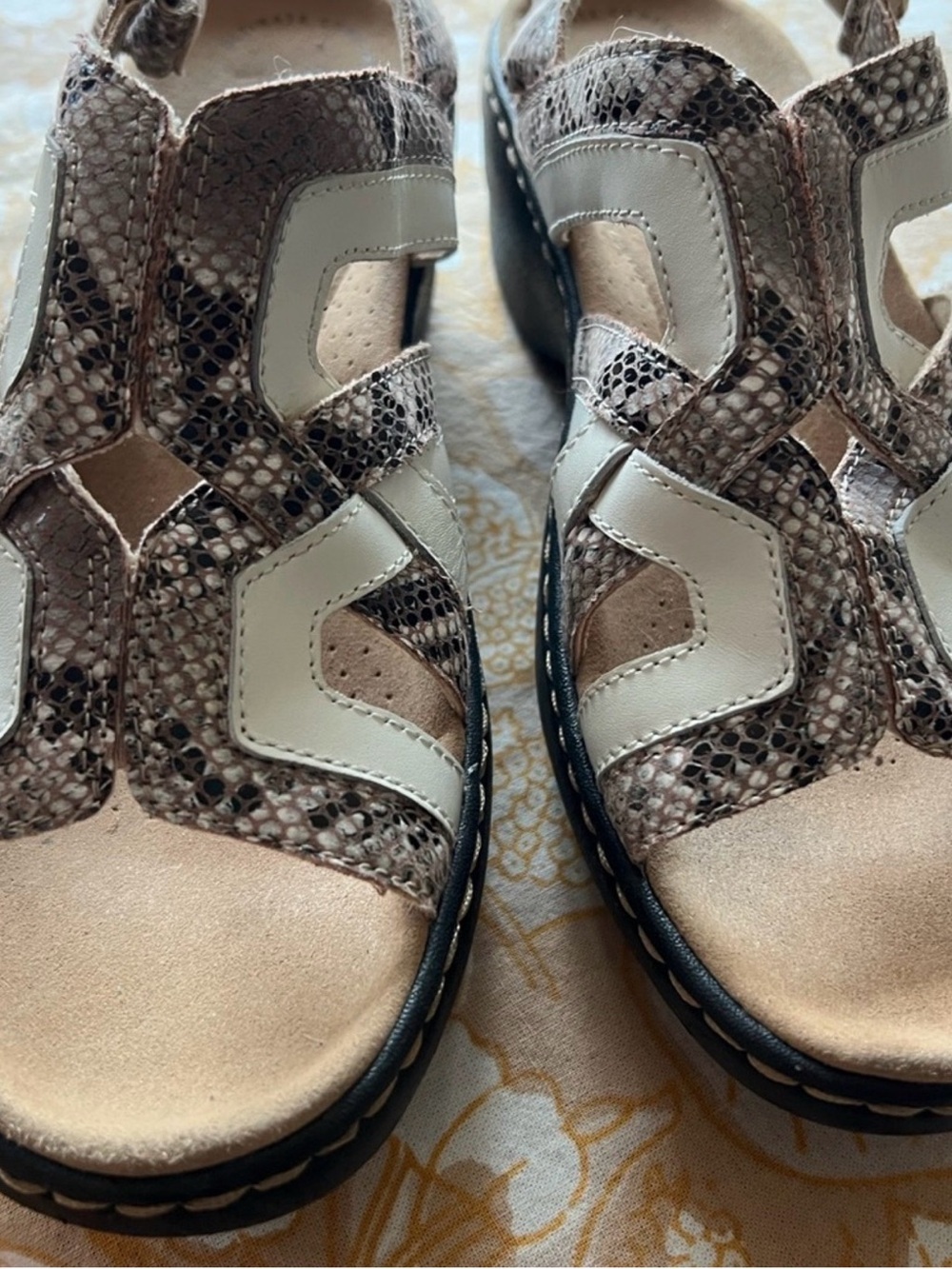 Clarks Women's Cream and Brown Snake-Print Leather Sandals